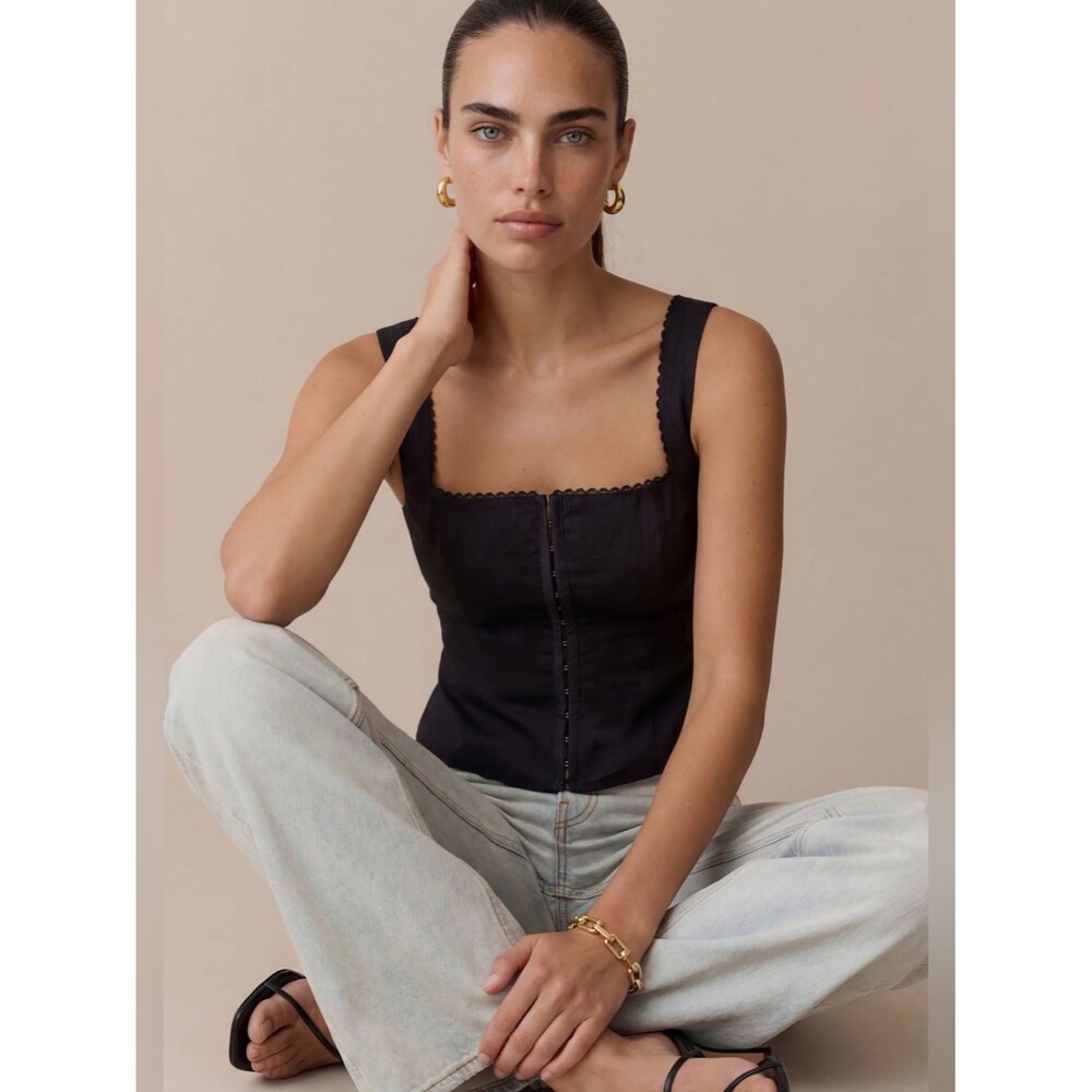 Few Moda Black Linen Hook & Eye Corset Tank Top Size 0 XS NWT